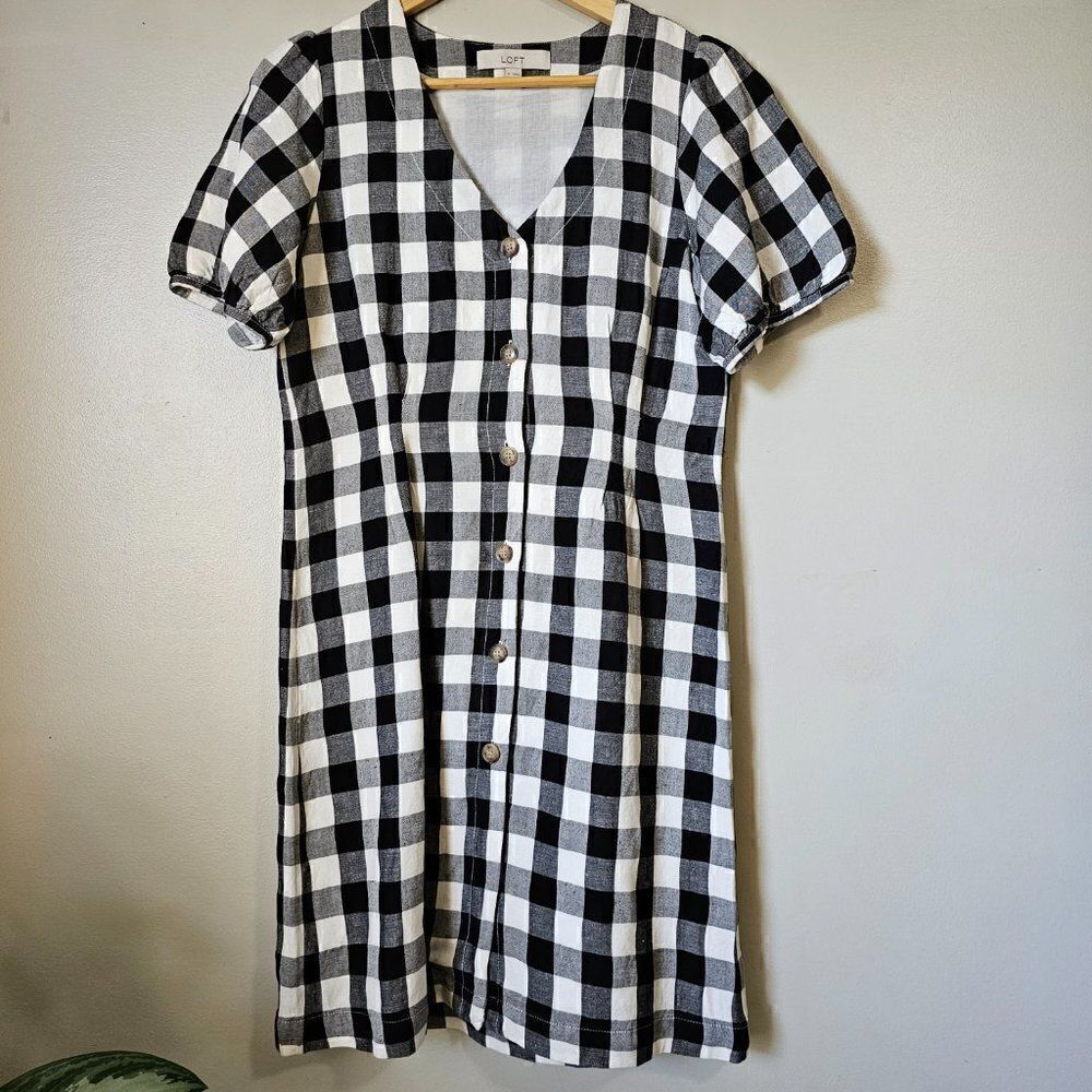 EUC LIKE NEW LOFT GINGHAM/CHECKERED V NECK BUTTON DOWN DRESS SIZE 4